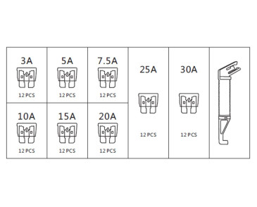 ZESTAW BEZPIECZNIKÓW STANDARD (ATO), 97 SZT:  3A, 5A, 7.5A, 10A, 15A, 20A, 25A, 30A
