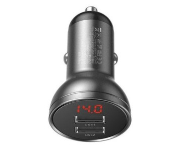ŁADOWARKA SAMOCHODOWA BASEUS Z WYŚWIETLACZEM, 2X USB, 4,8A, 24W (SZARA)