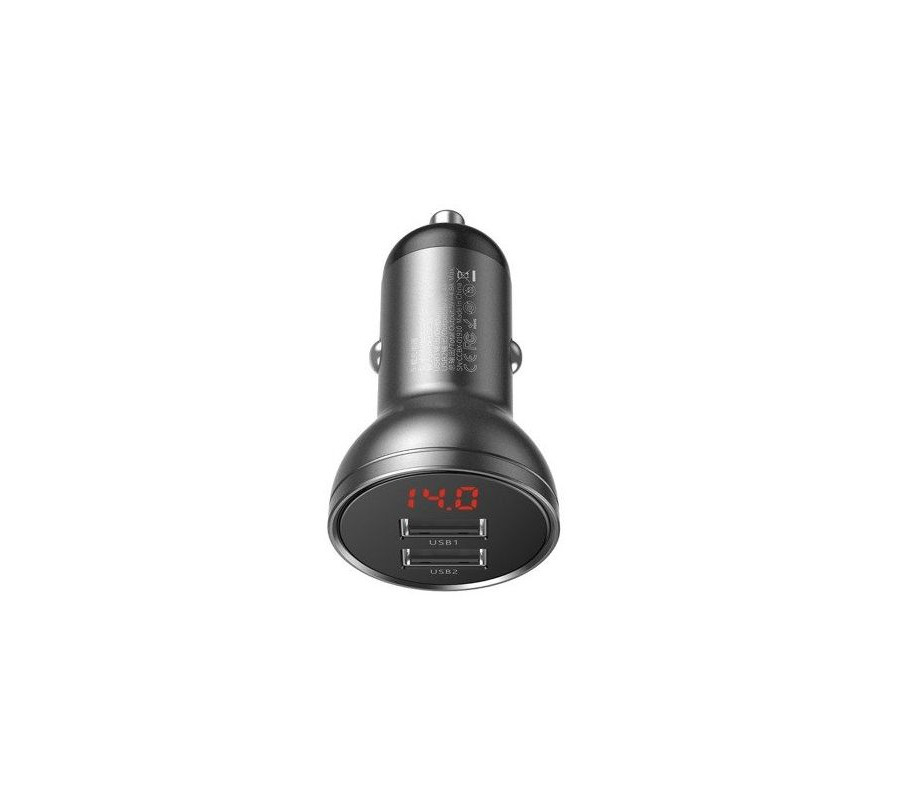 ŁADOWARKA SAMOCHODOWA BASEUS Z WYŚWIETLACZEM, 2X USB, 4,8A, 24W (SZARA)