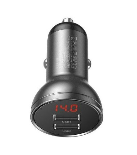 ŁADOWARKA SAMOCHODOWA BASEUS Z WYŚWIETLACZEM, 2X USB, 4,8A, 24W (SZARA)