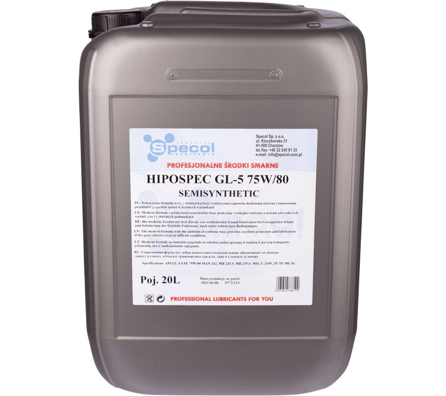 OLEJ SPECOL 75W80 20L GL4/GL5 HIPOSPEC PÓŁSYNT. / PRZEKŁADNIOWY