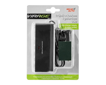 TRÓJNIK 12/24V NA KABLU Z GNIAZDEM USB / VIRAGE