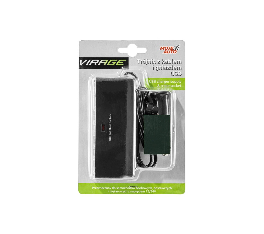 TRÓJNIK 12/24V NA KABLU Z GNIAZDEM USB / VIRAGE