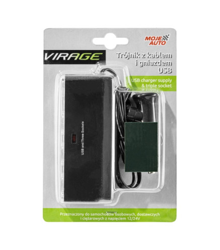 TRÓJNIK 12/24V NA KABLU Z GNIAZDEM USB / VIRAGE