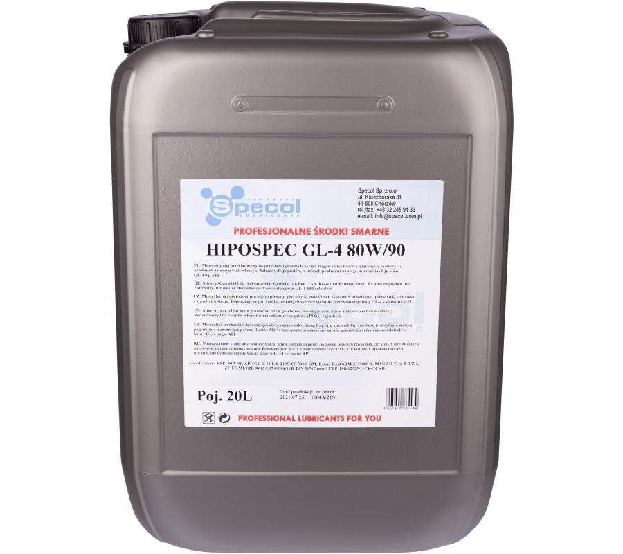 OLEJ SPECOL 80W90 20L GL4 HIPOSPEC / PRZEKŁADNIOWY