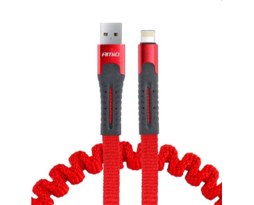 KABEL DO ŁADOWAREK SPRĘŻYNUJĄCY USB+APPLE LIGHTNING 120CM CZERWONY