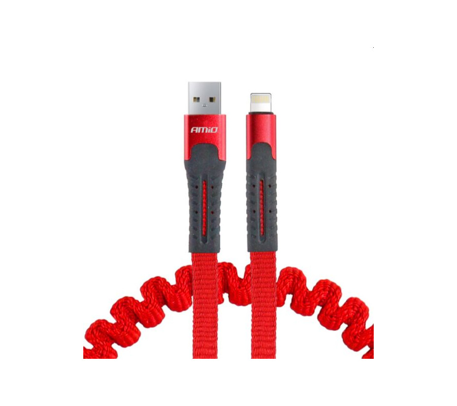 KABEL DO ŁADOWAREK SPRĘŻYNUJĄCY USB+APPLE LIGHTNING 120CM CZERWONY