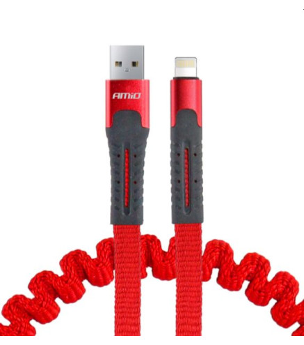 KABEL DO ŁADOWAREK SPRĘŻYNUJĄCY USB+APPLE LIGHTNING 120CM CZERWONY