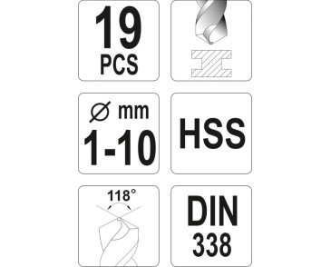 ZESTAW WIERTEŁ DO METALU HSS, 1-10MM, 19 CZ