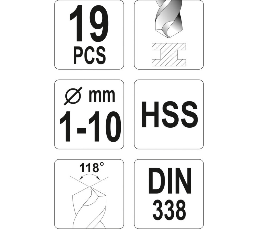 ZESTAW WIERTEŁ DO METALU HSS, 1-10MM, 19 CZ