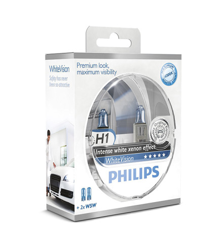 H1 55W 12V PHILIPS White Vision + W5W12V 55W P14,5s - 2szt